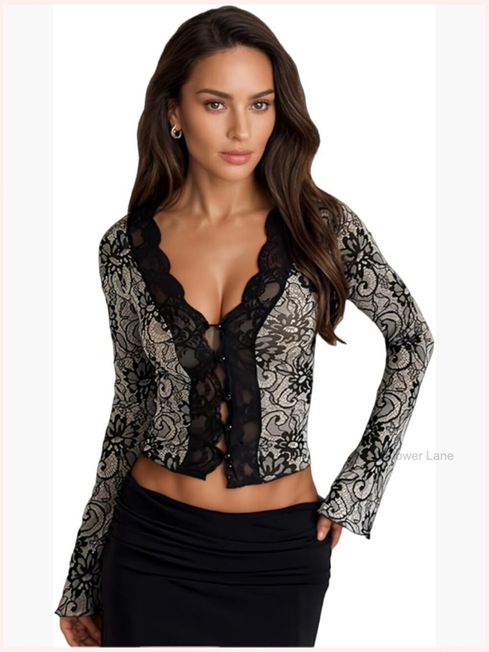Sheer Mesh Leopard Print Crop Top Sexy Deep V Neck Lace Trim Long Flare Sleeve